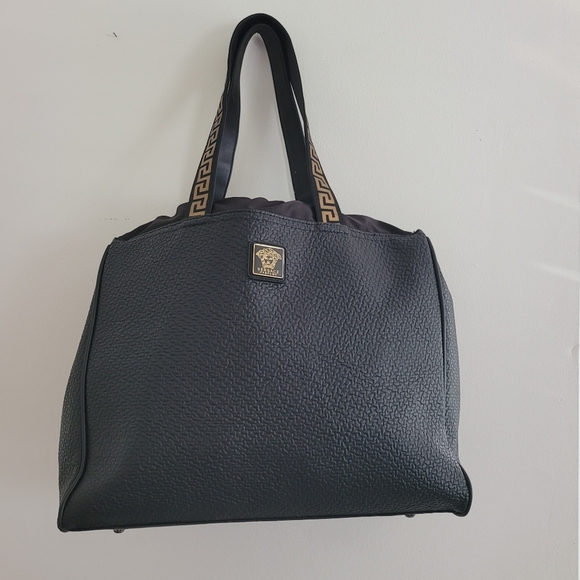 Versace Handbags - NEW Versace Parfums Black Faux Leather Weekender Gold Medusa Tote Bag